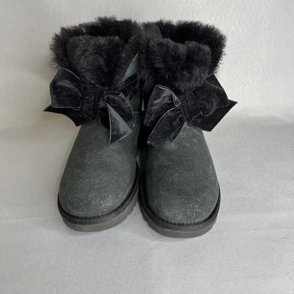 Women's Ugg Boots Sz 7 Black Gita Twinkle Bow Mini Bootie Satin Bow Glitter-like - Picture 15 of 16